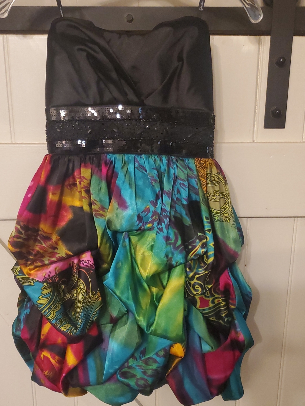 Womens Black Bodice Multicolor Bubble-Hem Party Dress